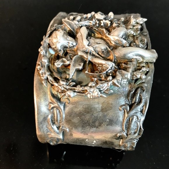 Angel Sterling Silver Cuff Bracelet Repoussé Antique 925 Victorian Wide Floral - Picture 2 of 8